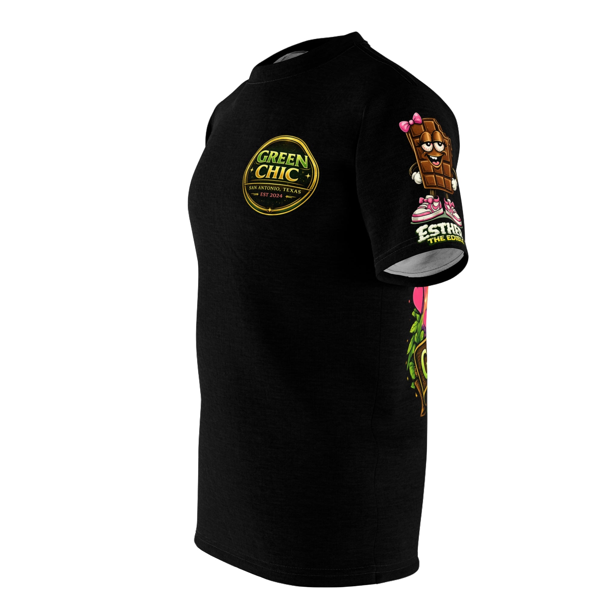 Green Chic Logo Tee — Floral Sleeves Black Cut & Sew T-Shirt