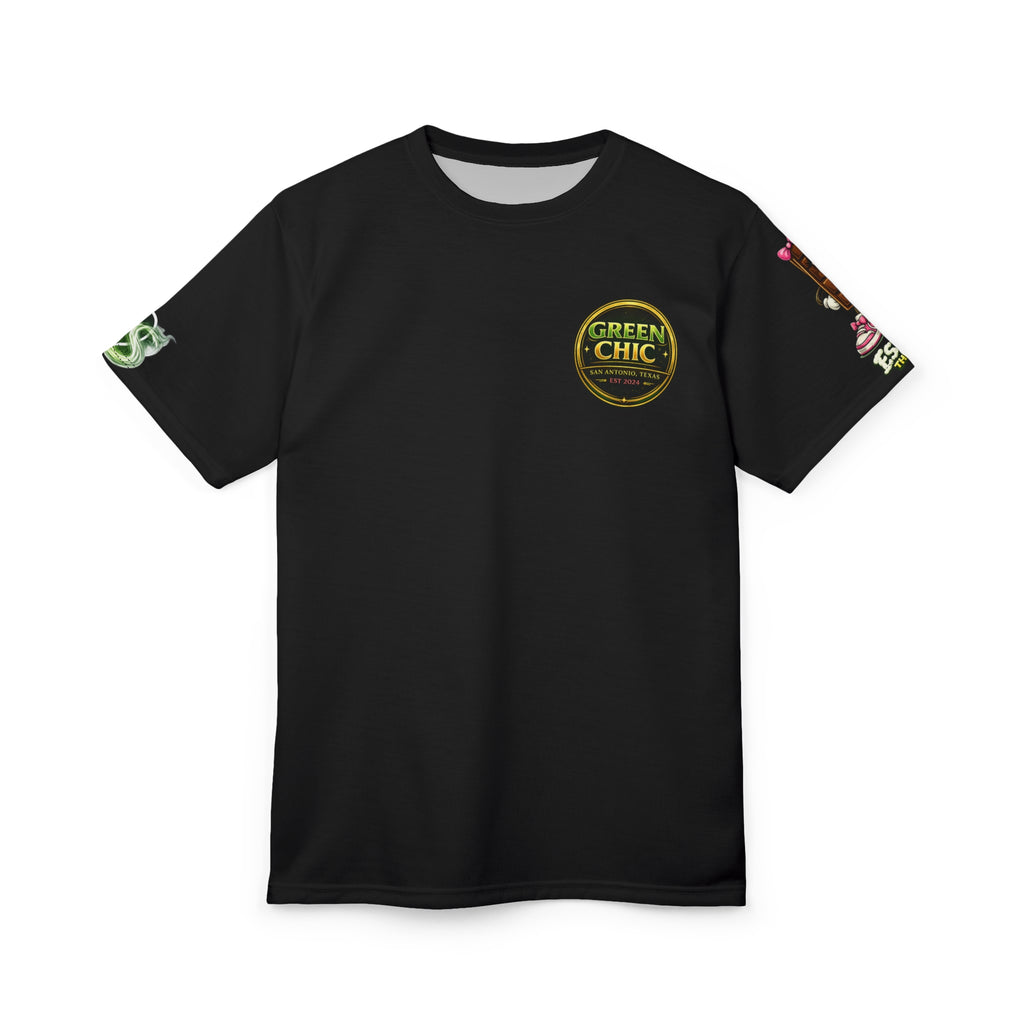 Green Chic Logo Tee — Floral Sleeves Black Cut & Sew T-Shirt