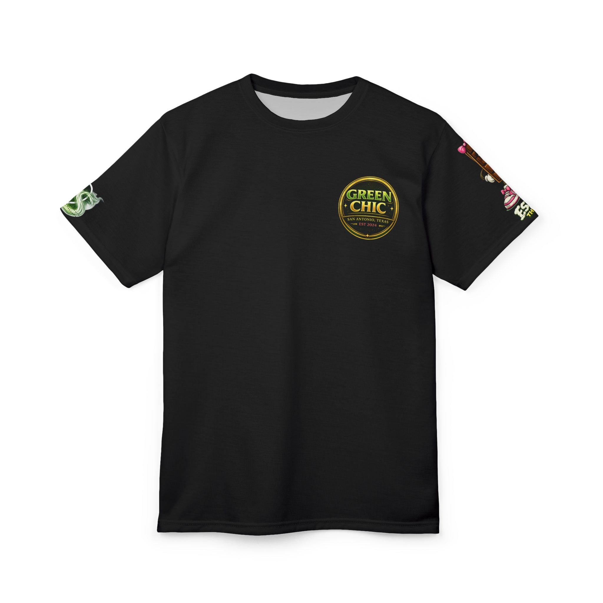 Green Chic Logo Tee — Floral Sleeves Black Cut & Sew T-Shirt