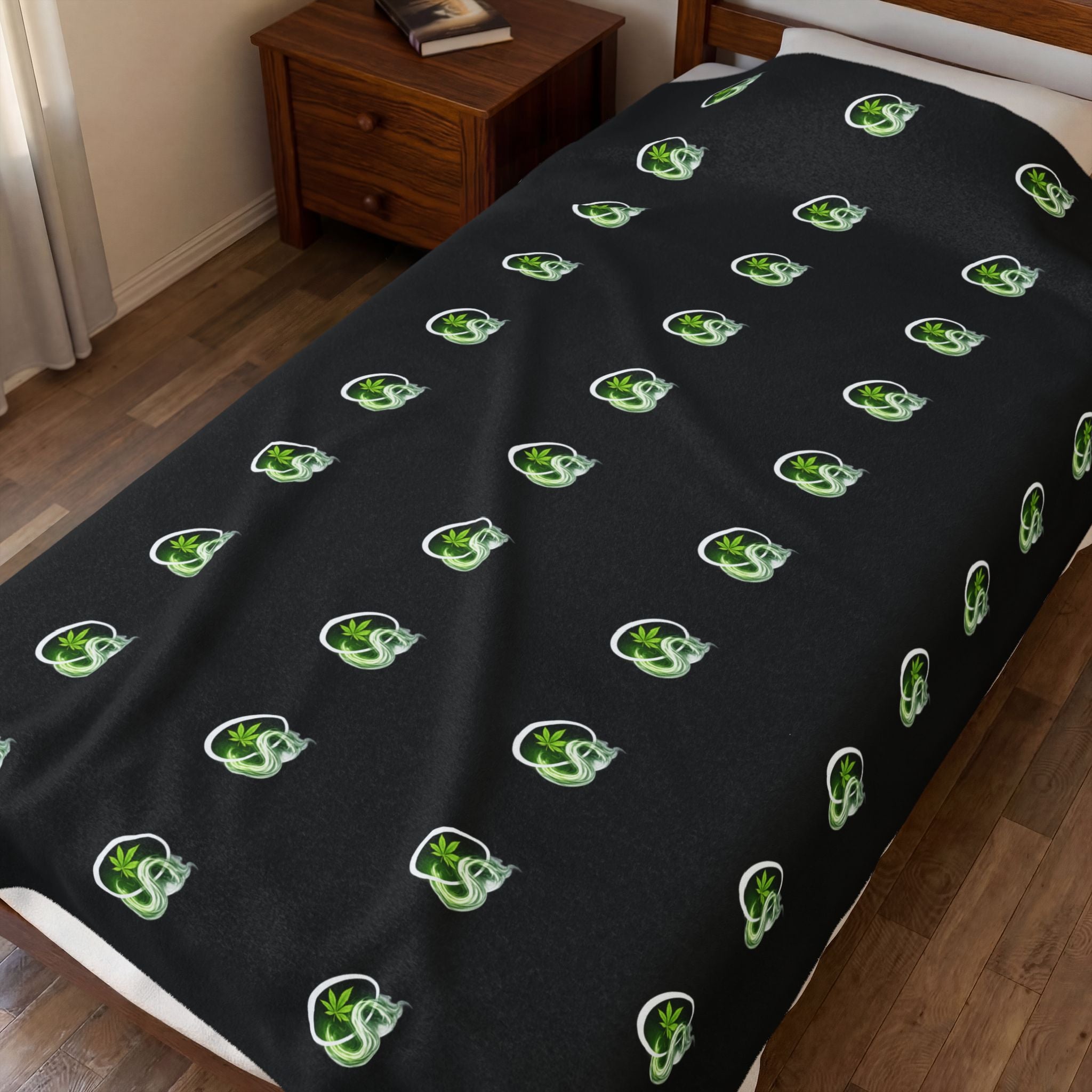 Plush Blanket — Repeating Smokey OS Logo on Black Velveteen Throw