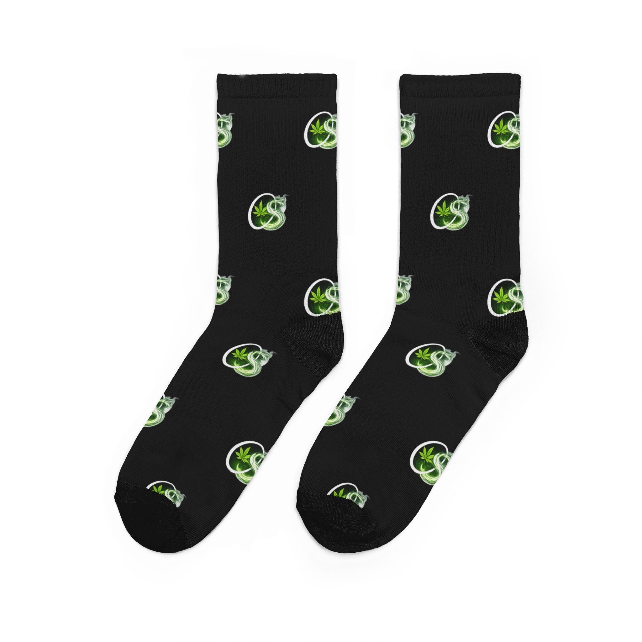 Black Crew Socks with Green Flame Logo — Padded Comfort Socks