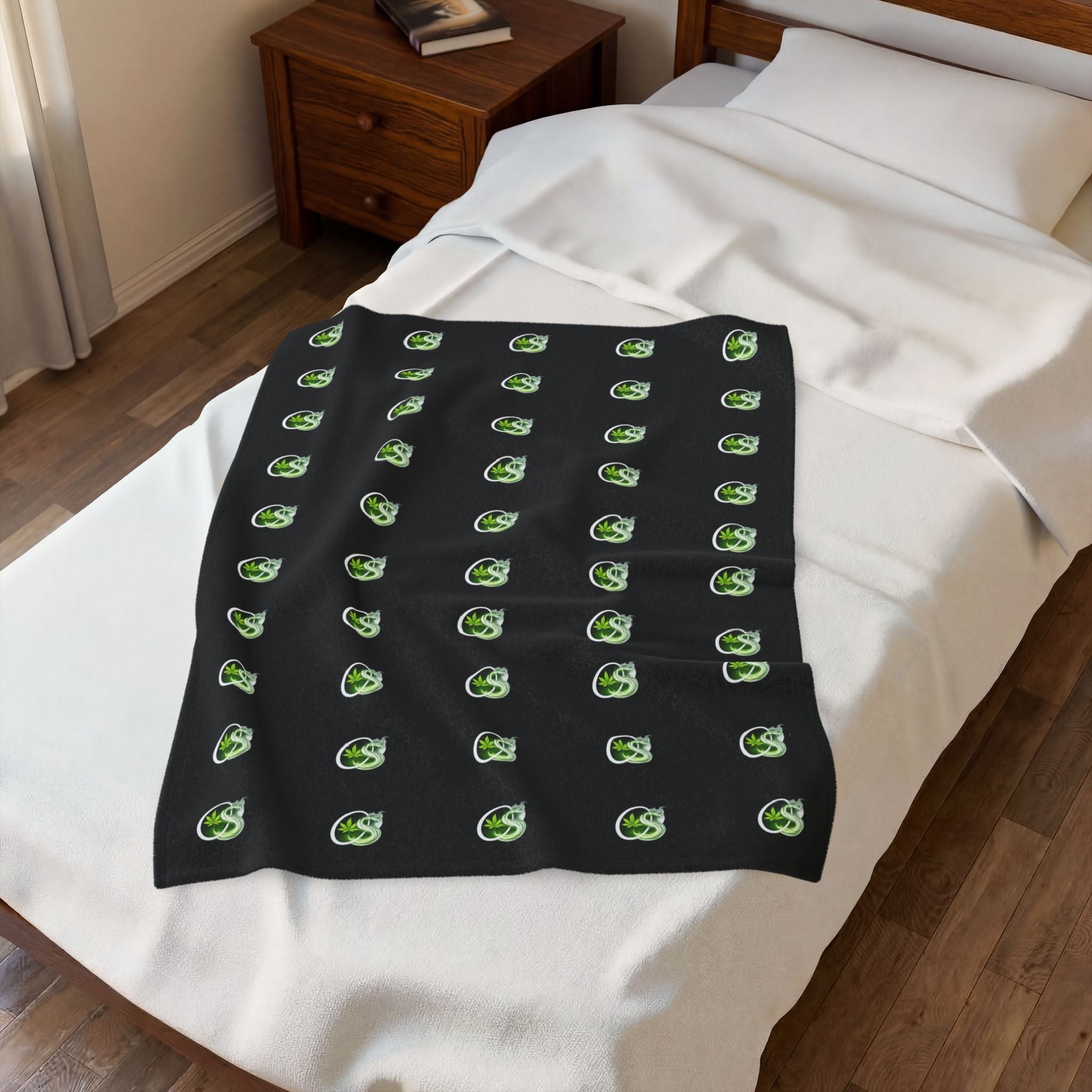 Plush Blanket — Repeating Smokey OS Logo on Black Velveteen Throw