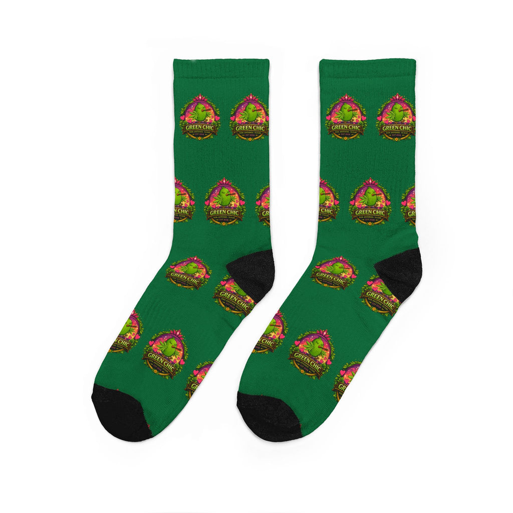 Green Patterned Crew Socks with Tropical Badge Design