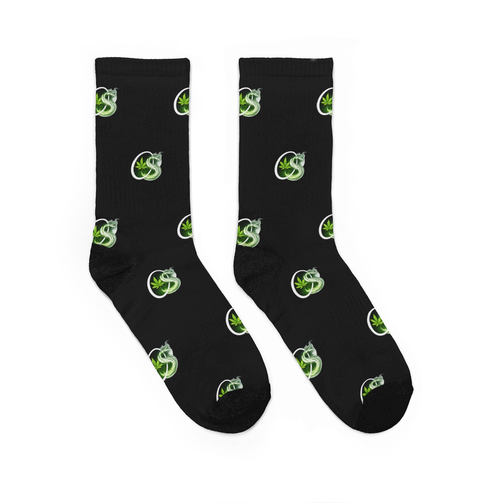 Black Crew Socks with Green Flame Logo — Padded Comfort Socks