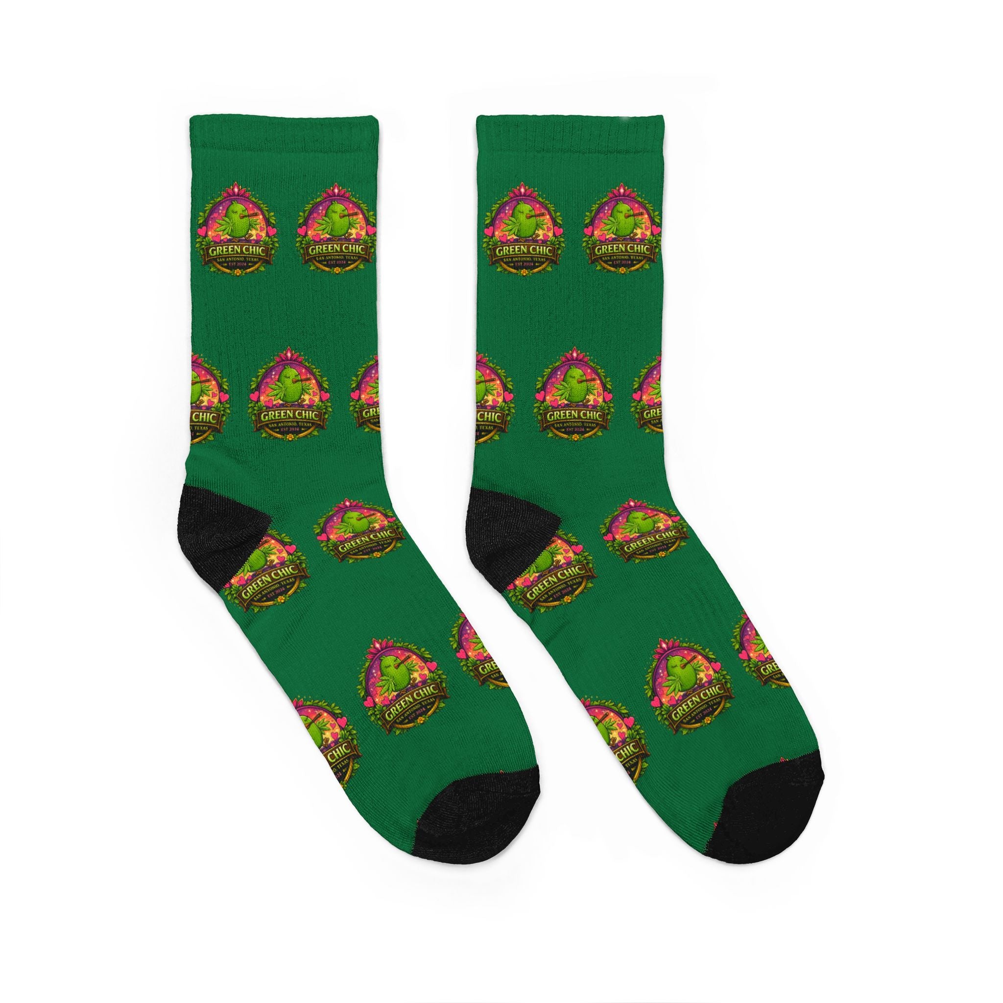 Green Patterned Crew Socks with Tropical Badge Design