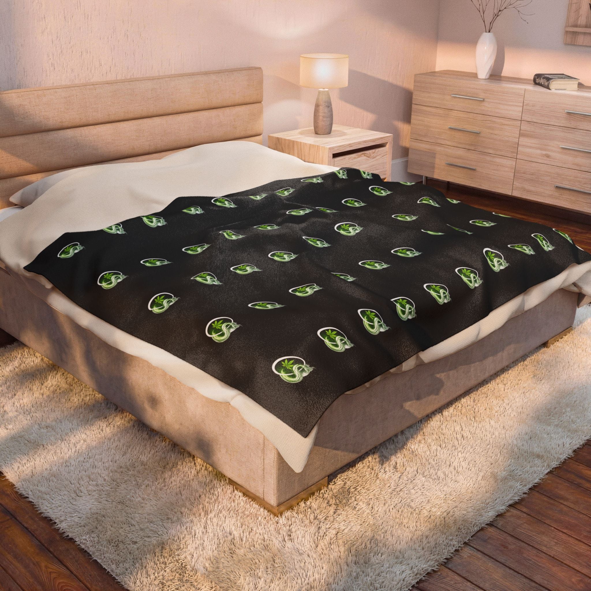 Plush Blanket — Repeating Smokey OS Logo on Black Velveteen Throw