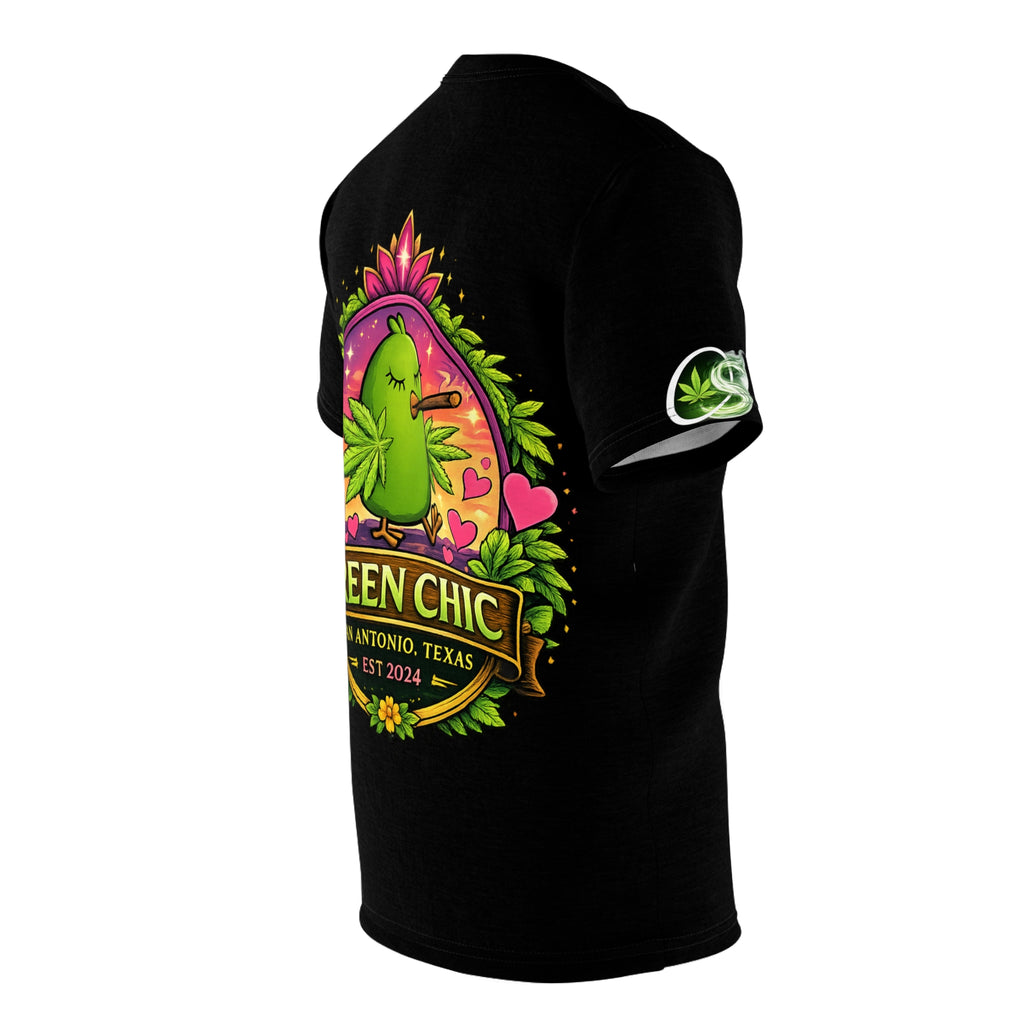 Green Chic Logo Tee — Floral Sleeves Black Cut & Sew T-Shirt