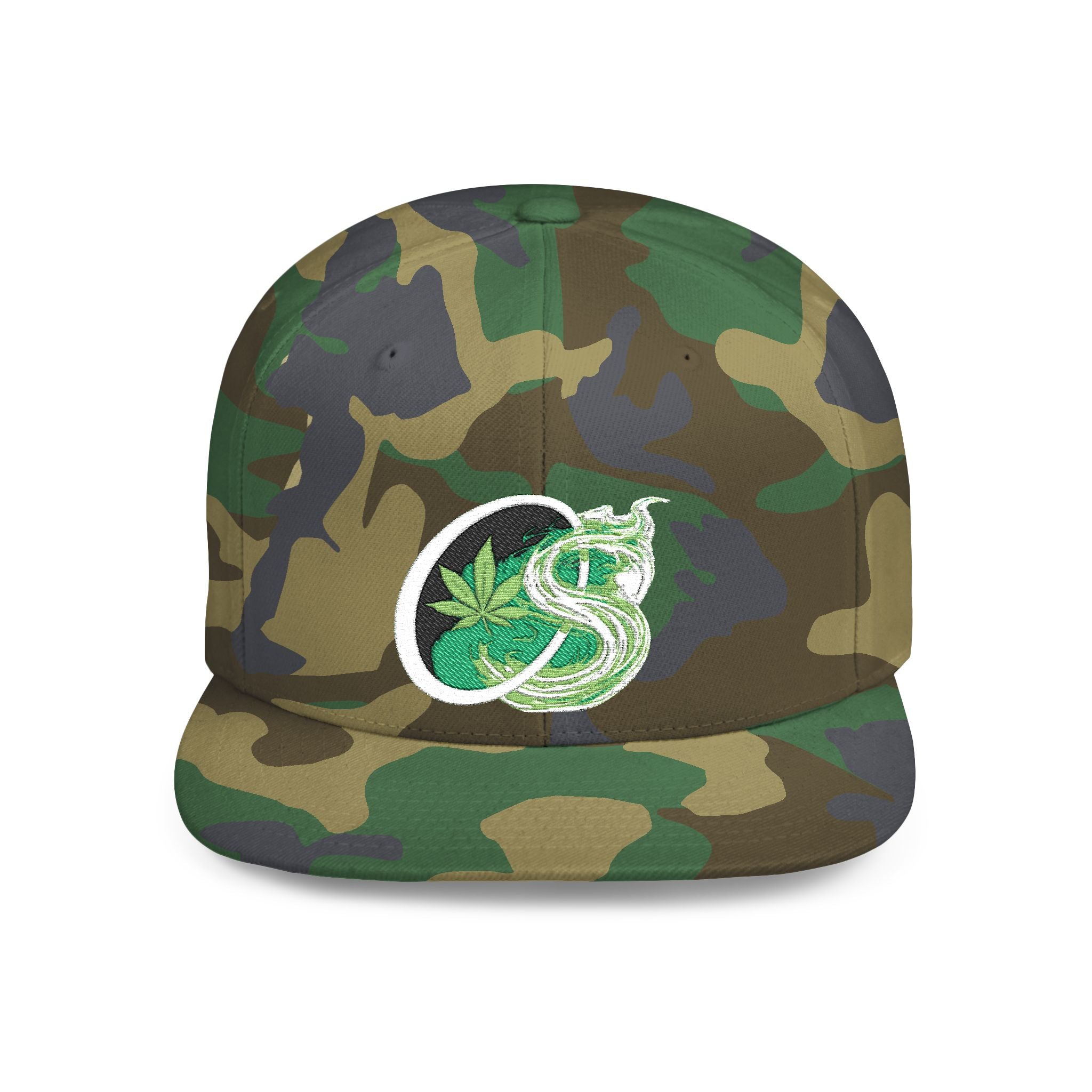 Leaf Smoke Snapback Hat — Green Cannabis Emblem Flat Bill Cap