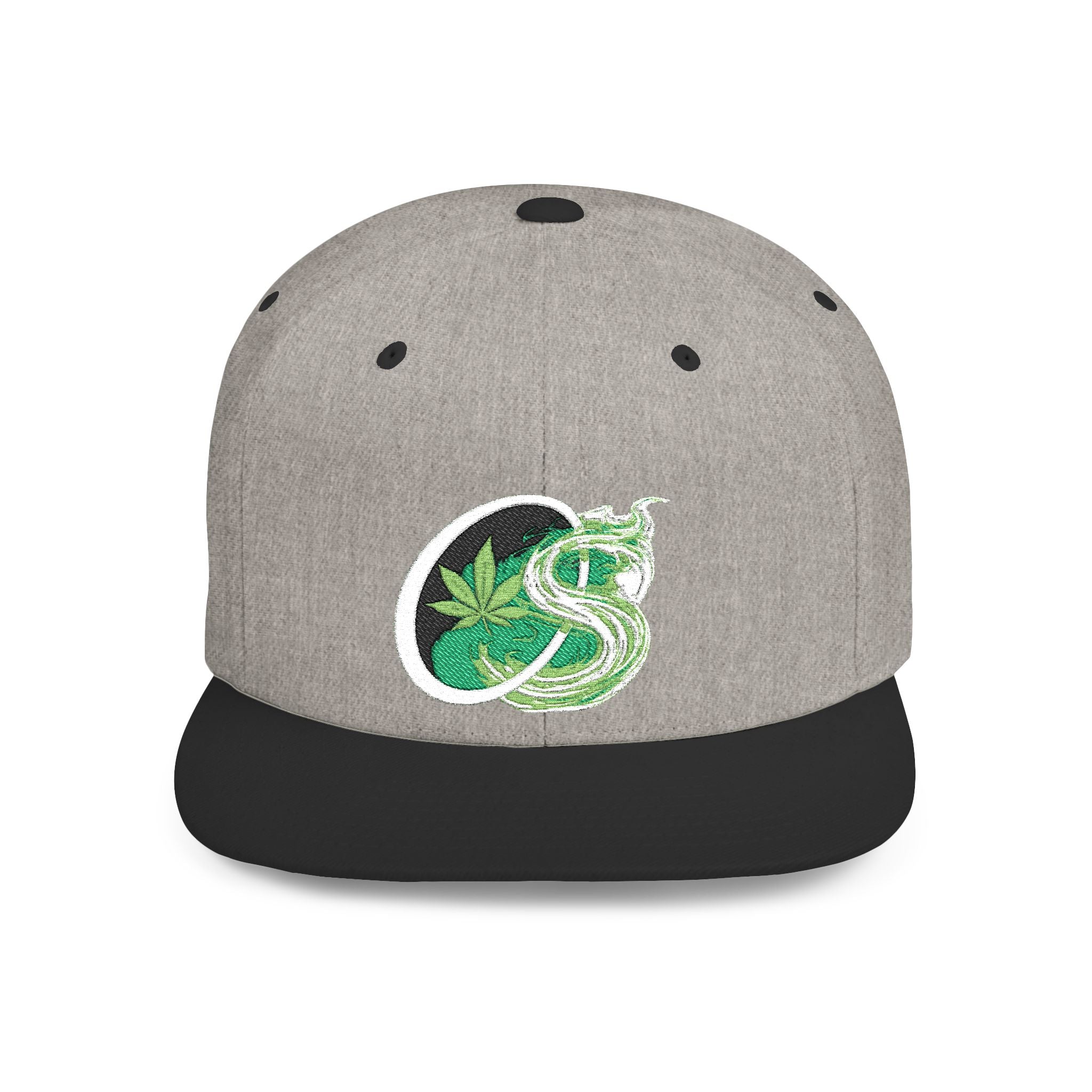 Leaf Smoke Snapback Hat — Green Cannabis Emblem Flat Bill Cap