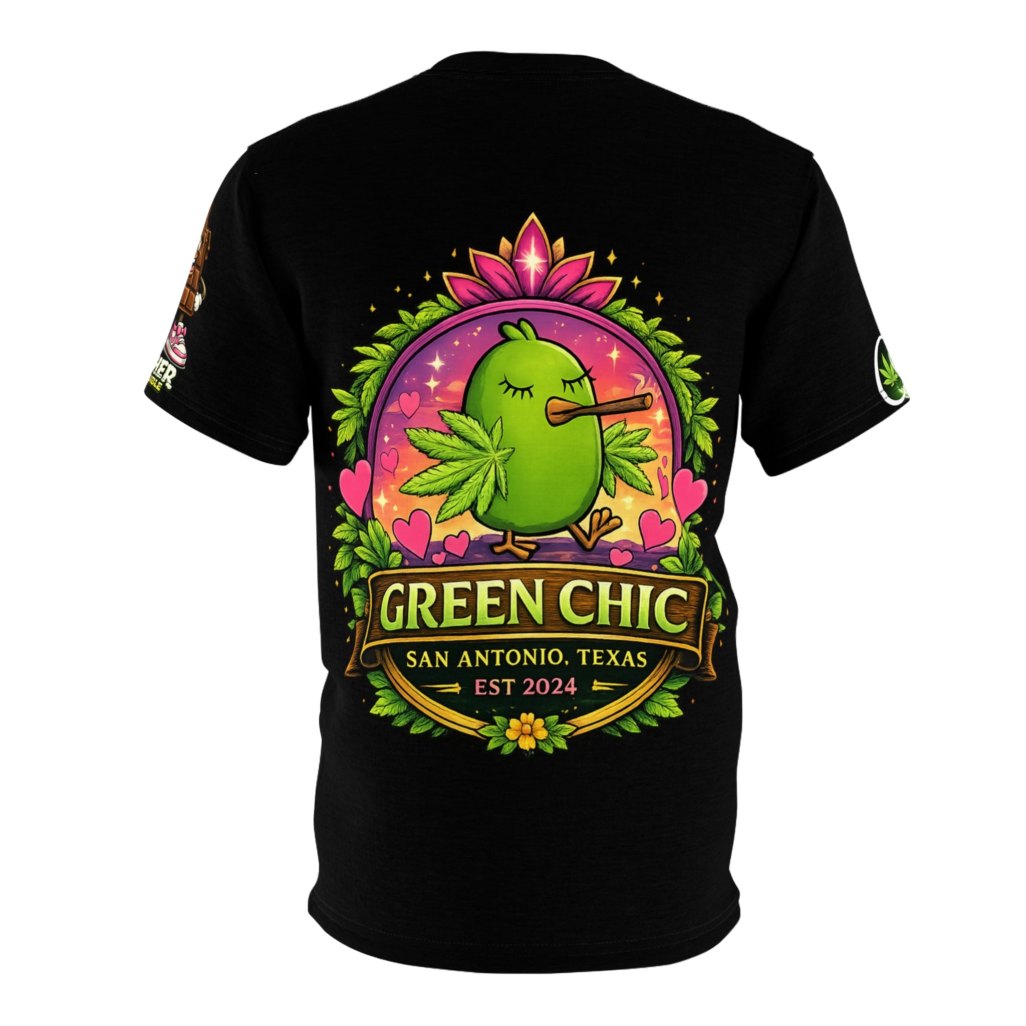 Green Chic Logo Tee — Floral Sleeves Black Cut & Sew T-Shirt