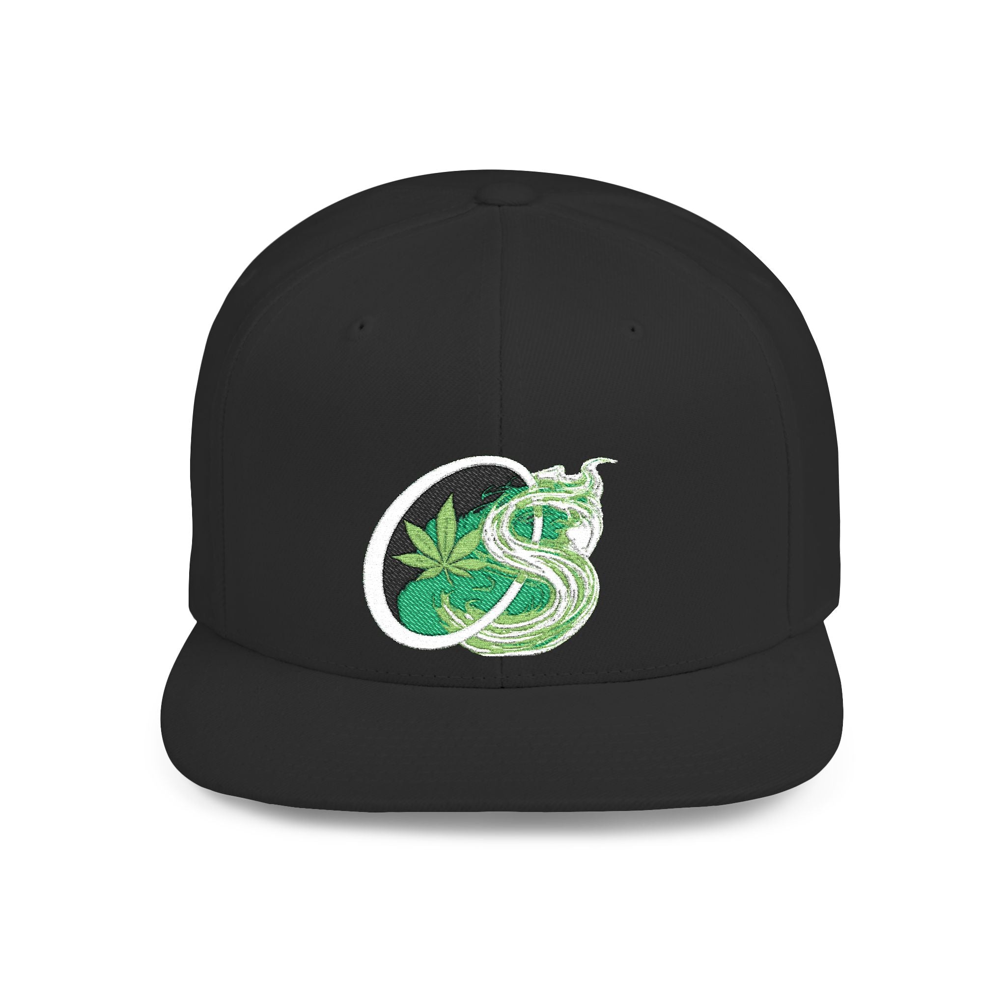 Leaf Smoke Snapback Hat — Green Cannabis Emblem Flat Bill Cap
