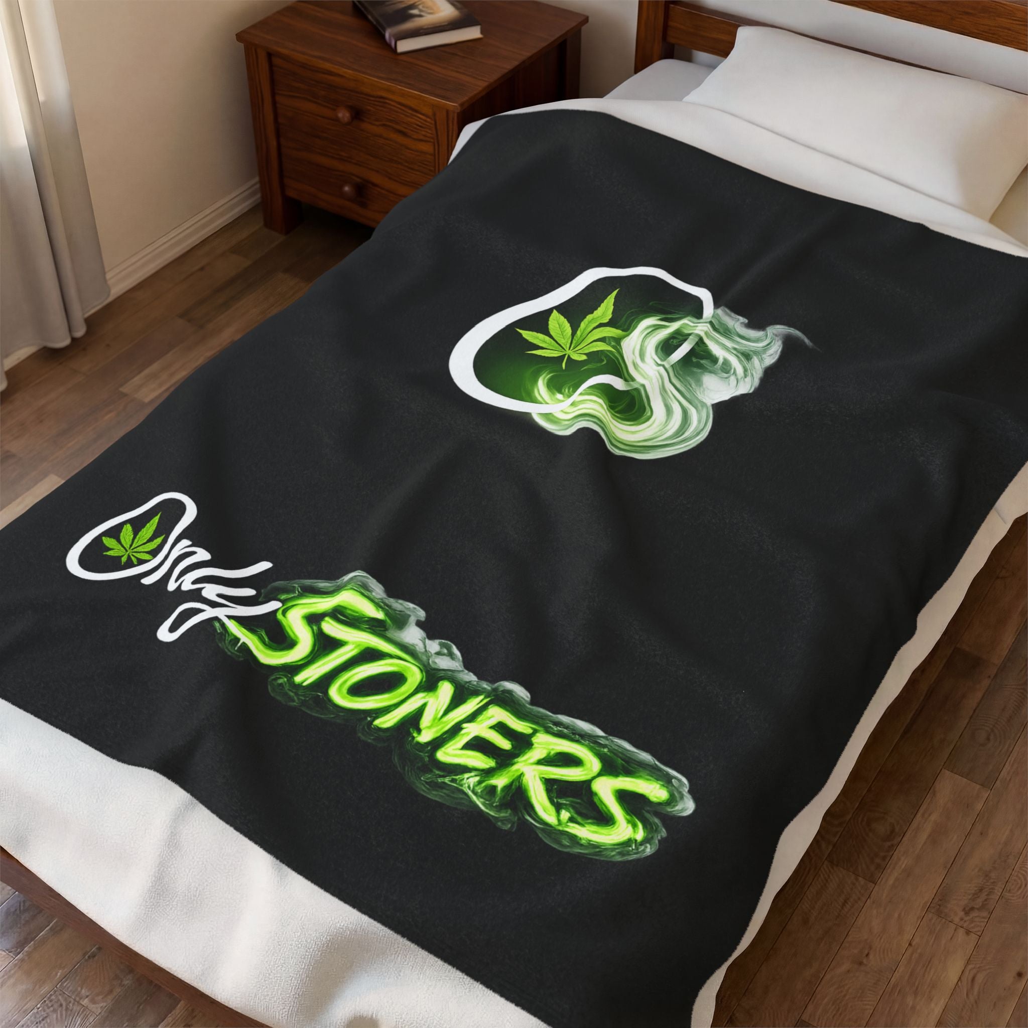 OnlyStoners Velveteen Plush Blanket – Cannabis Leaf Graphic Cozy Throw